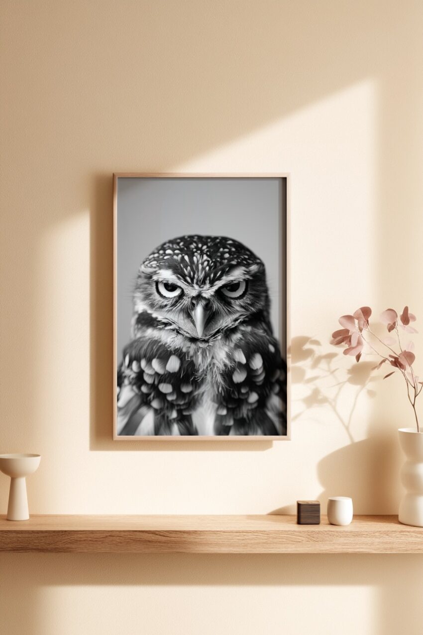 Fotografie Poster Eule Porträt schwarz-weiß intensiv