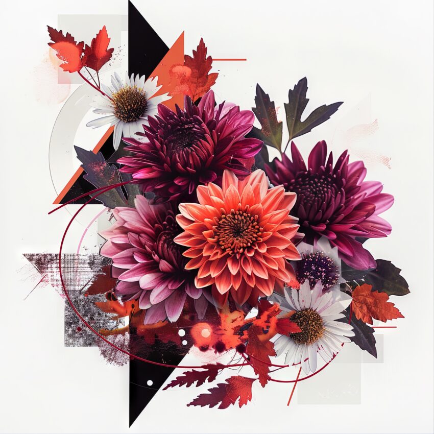 Grafik Poster Blumenstrauß Herbst Dahlien rot orange