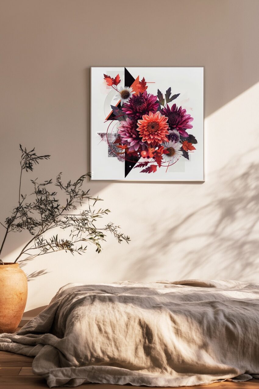 Grafik Poster Blumenstrauß Herbst Dahlien rot orange