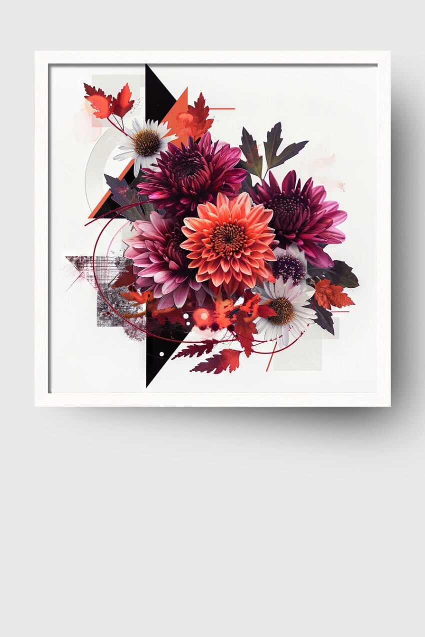 Grafik Poster Blumenstrauß Herbst Dahlien rot orange