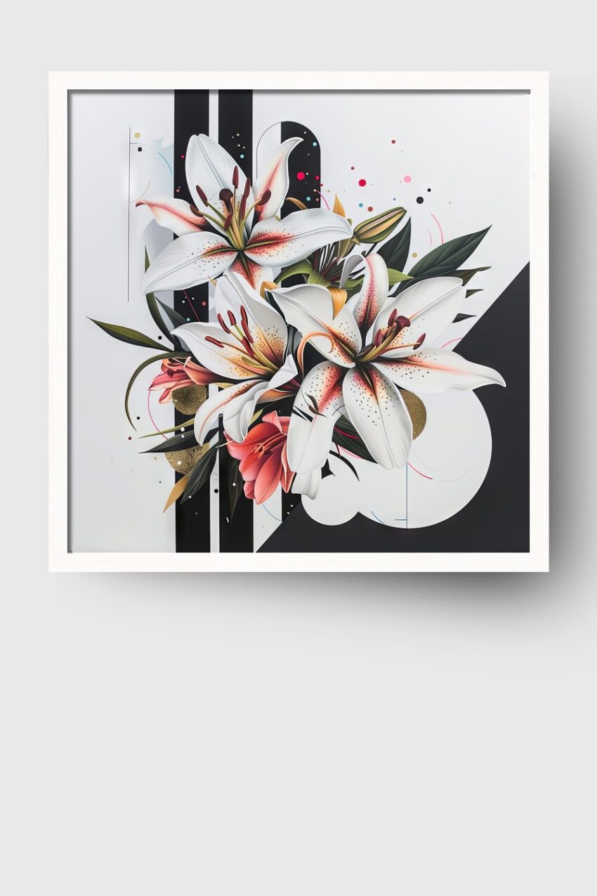 Grafik Poster Lilien Bouquet weiß rosa