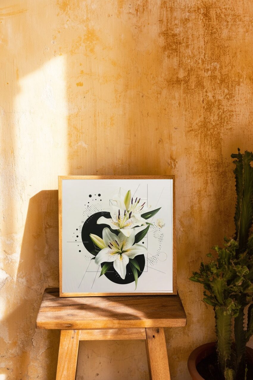 Illustration Poster Weiße Lilie minimalistisch grün schwarz