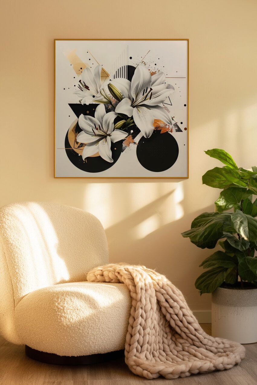 Grafik Poster Lilien weiß schwarz gold minimalistisch