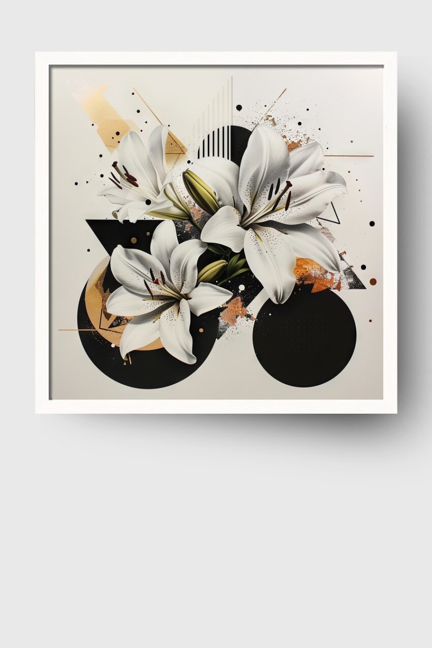 Grafik Poster Lilien weiß schwarz gold minimalistisch