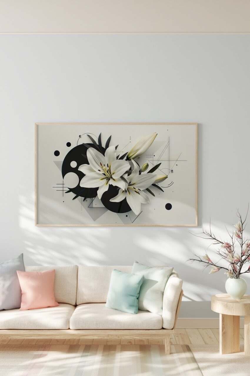 Grafik Poster Weiße Lilien minimalistisch schwarz weiß