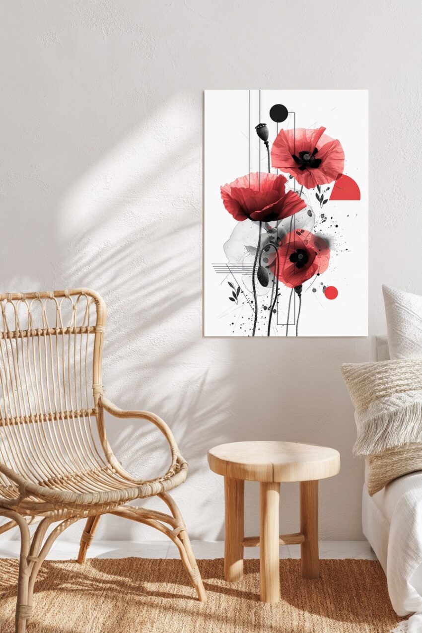 Grafik Poster Mohnblumen rot schwarz minimalistisch