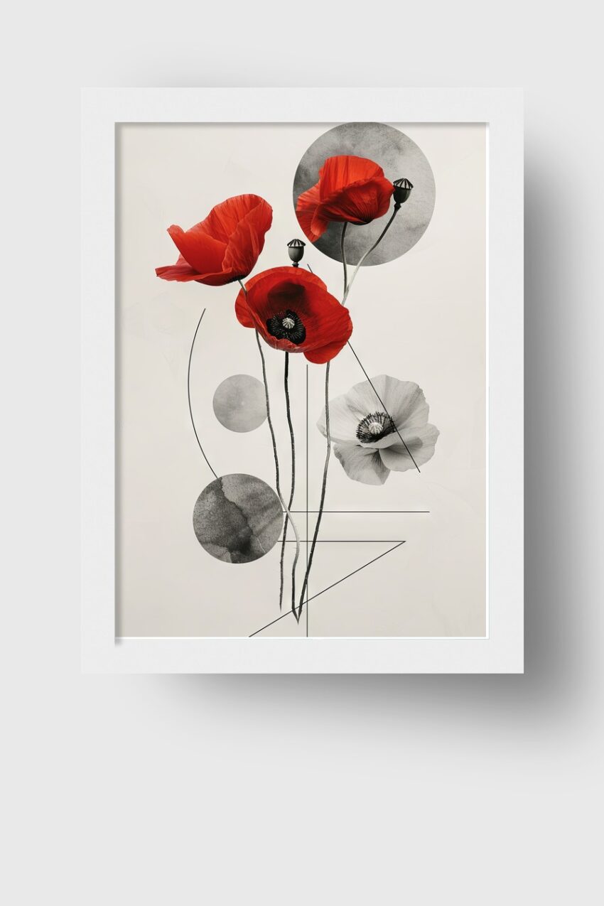Grafik Poster Mohnblumen rot schwarz-weiß minimalistisch