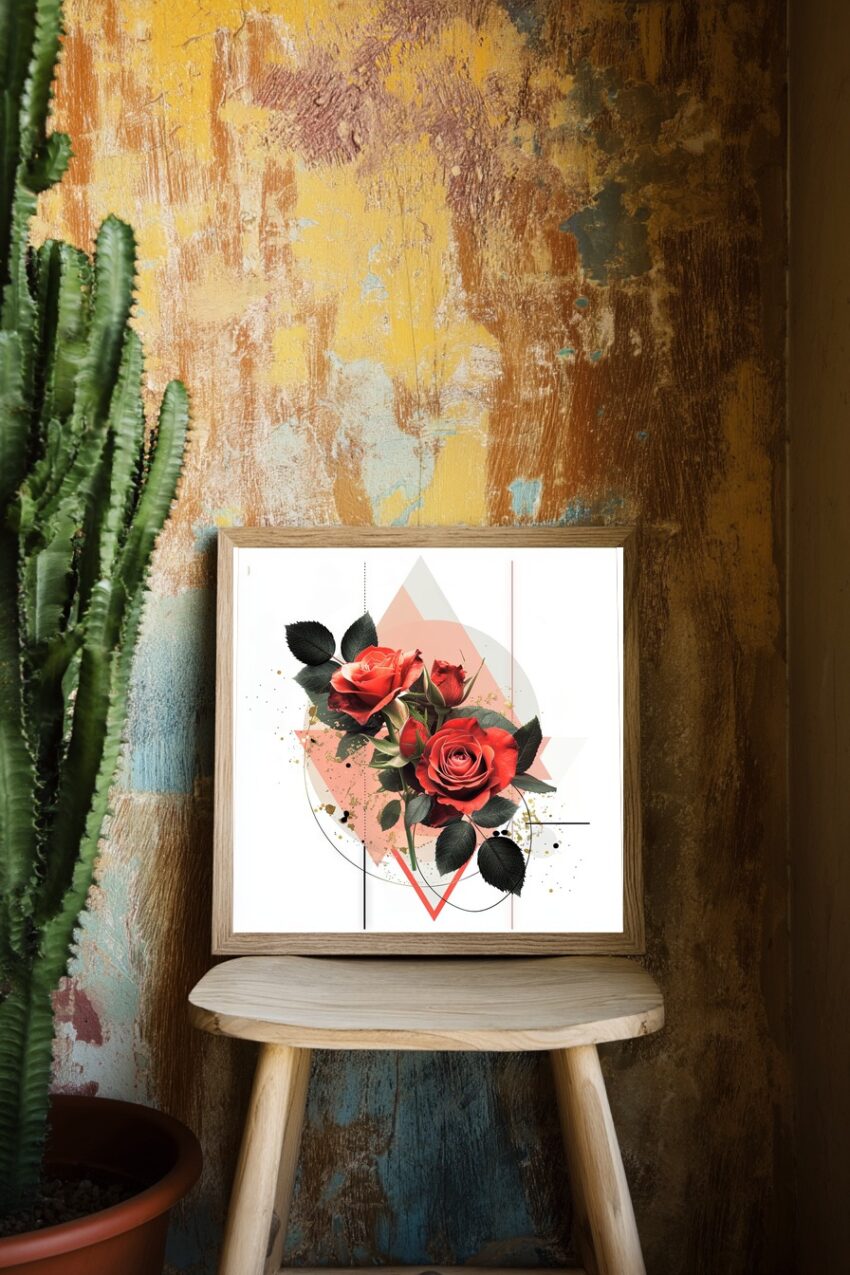 Grafik Poster Rose rot Blätter minimalistisch