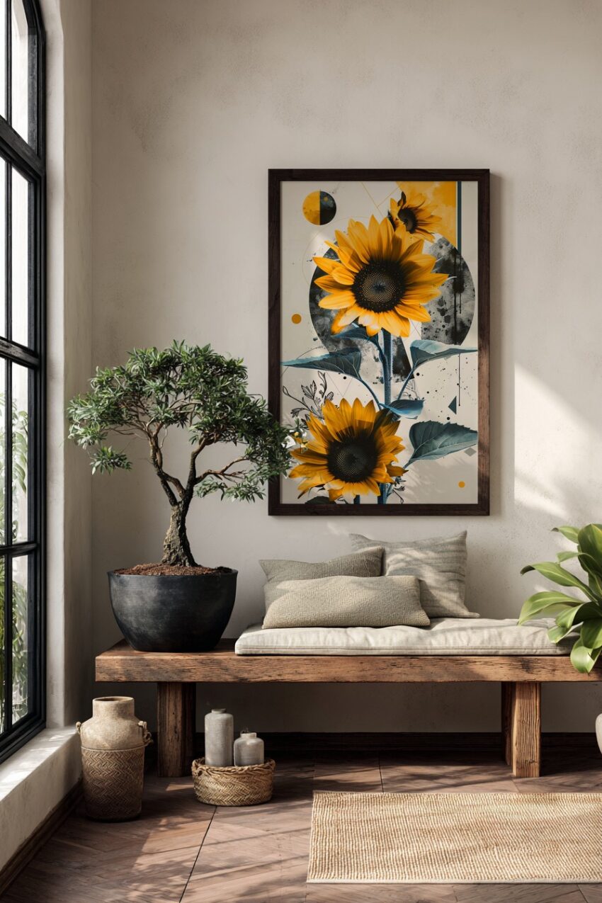 Grafik Poster Sonnenblume gelb blau minimalistisch