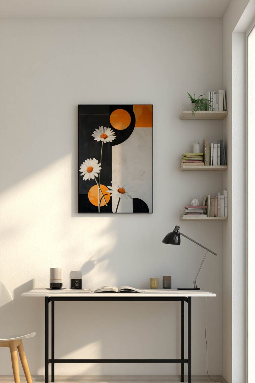 Grafik Poster Gänseblümchen minimalistisch schwarz weiß orange
