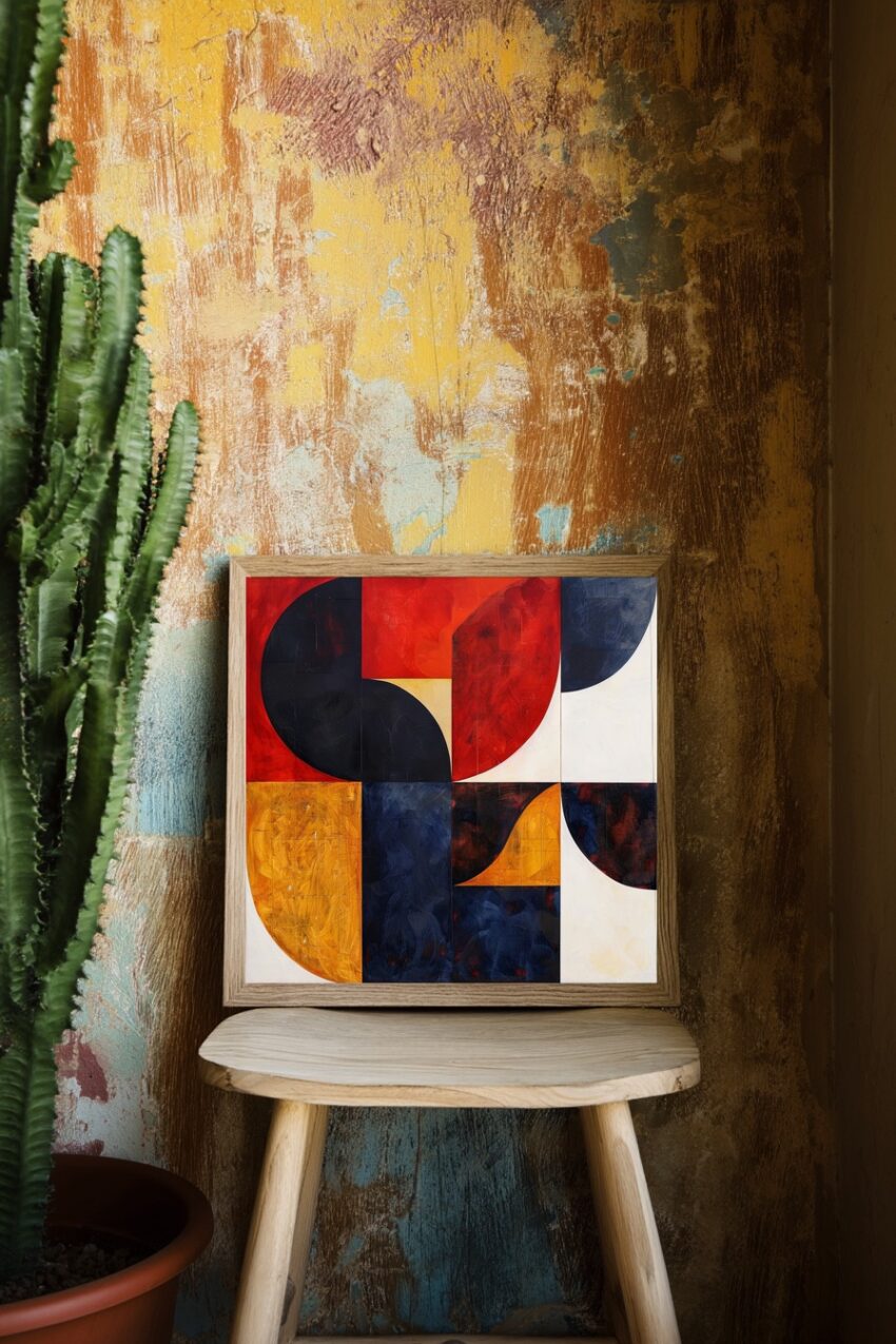 Grafikdesign Poster geometrische Formen bunt rot gelb dunkelblau