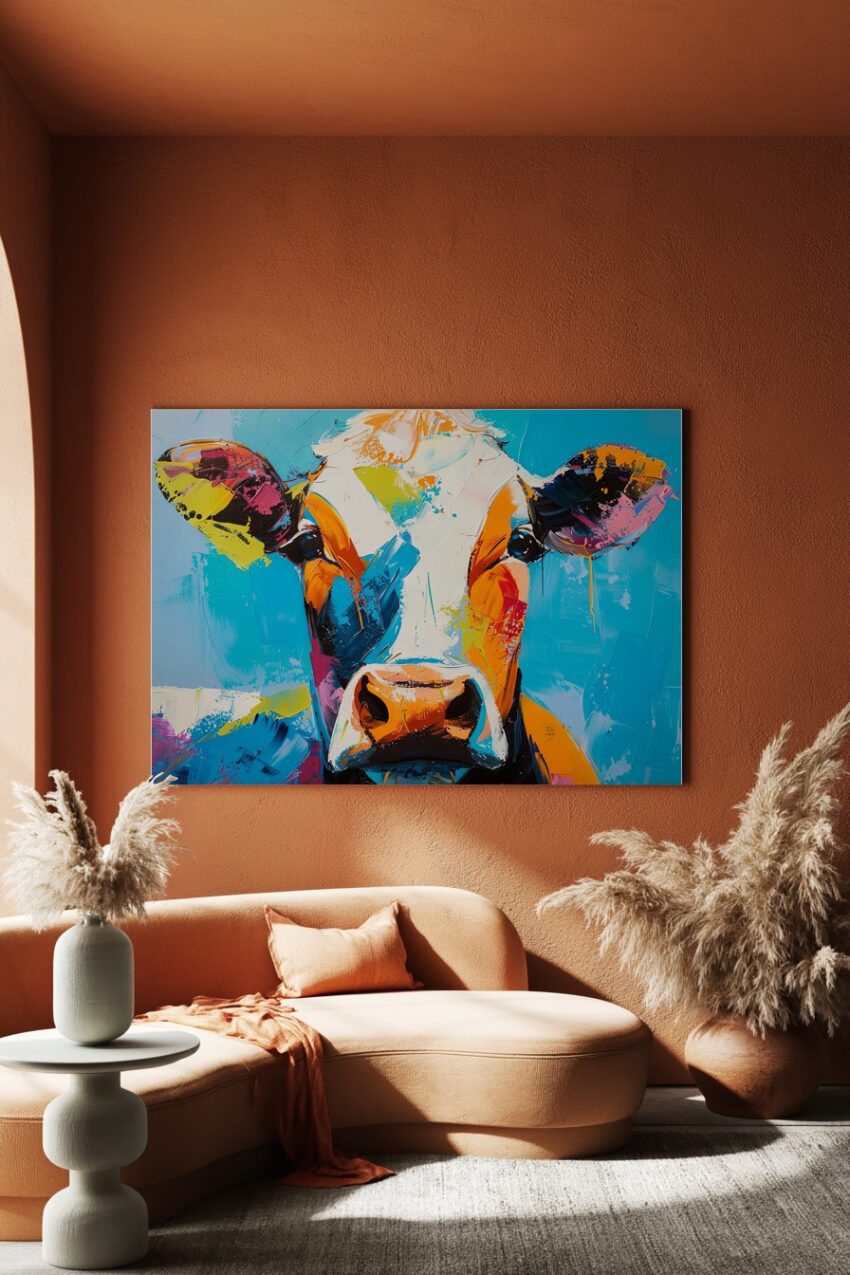 Grafik Poster Kuh bunt farbig orange blau