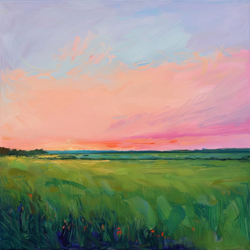 Malerei Poster Feld Abendlicht Sonnenuntergang grün rosa