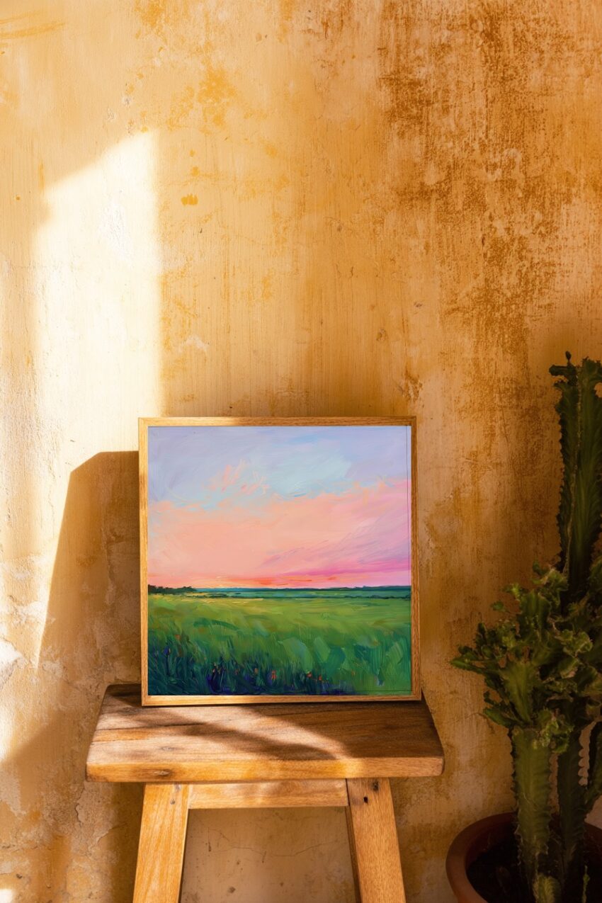 Malerei Poster Feld Abendlicht Sonnenuntergang grün rosa