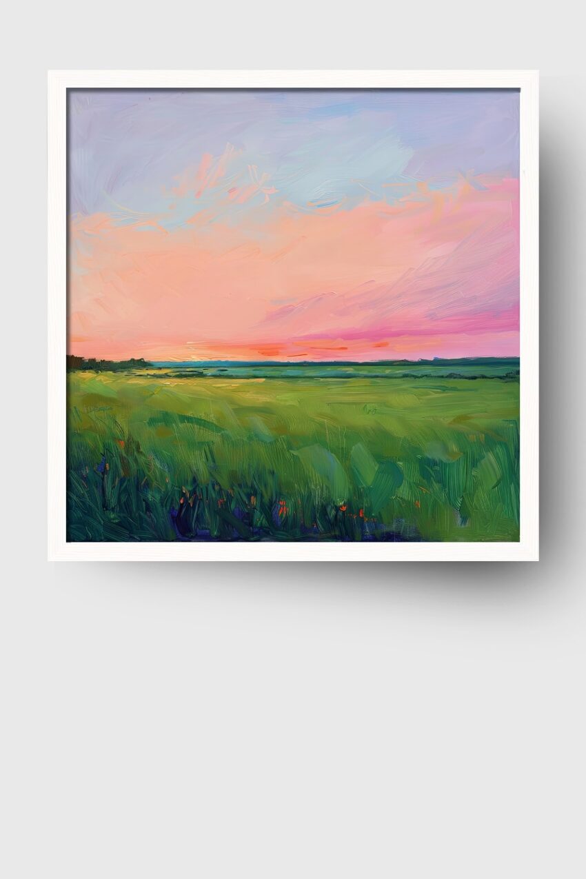 Malerei Poster Feld Abendlicht Sonnenuntergang grün rosa