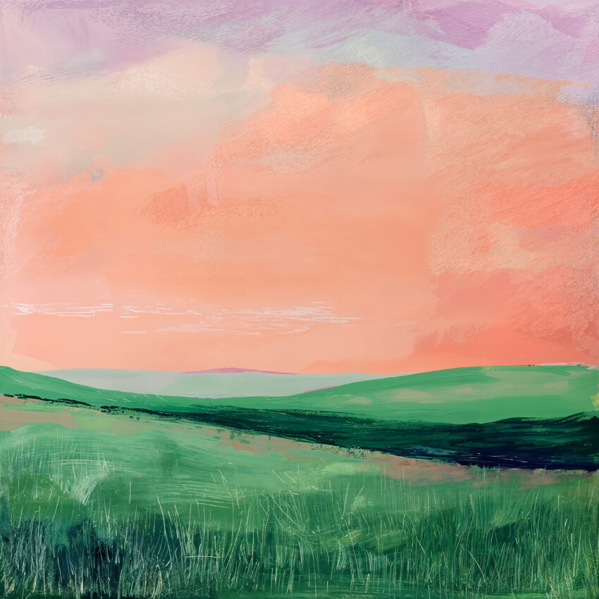 Malerei Poster Hügel grün rosa Himmel Landschaft minimalistisch