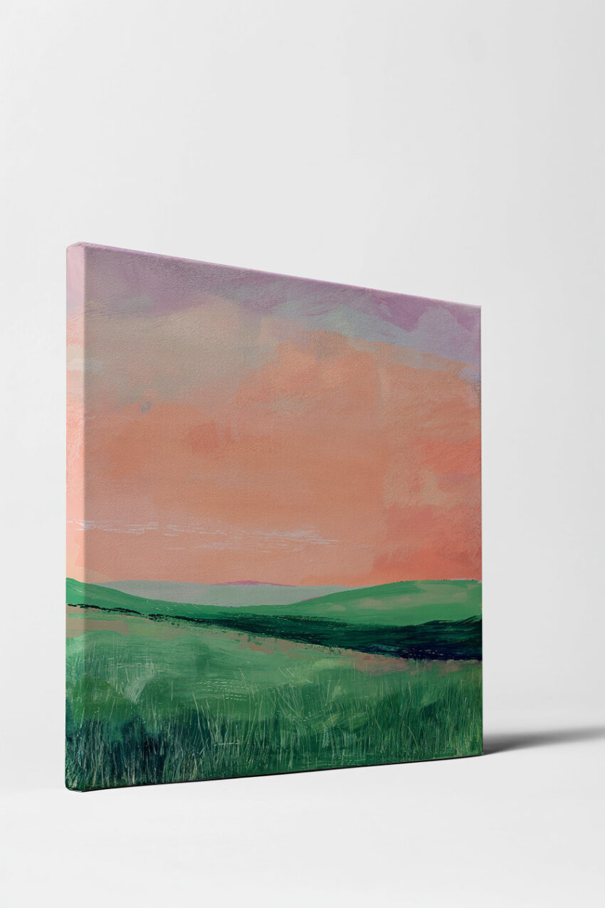 Malerei Poster Hügel grün rosa Himmel Landschaft minimalistisch