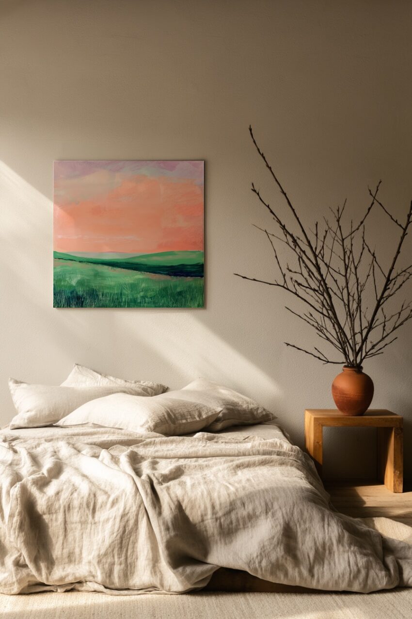 Malerei Poster Hügel grün rosa Himmel Landschaft minimalistisch