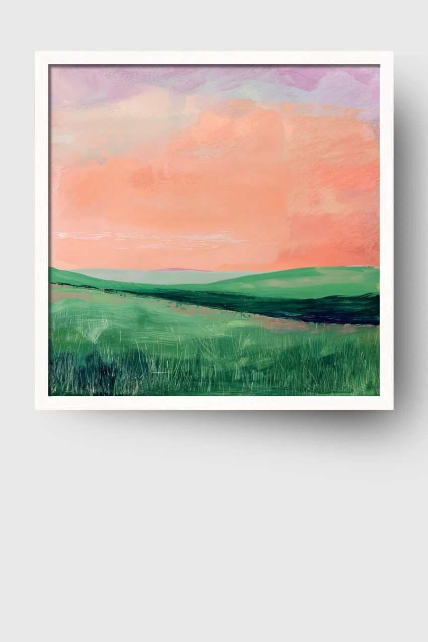 Malerei Poster Hügel grün rosa Himmel Landschaft minimalistisch