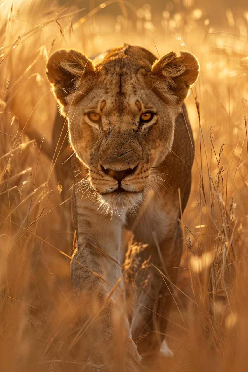 Fotografie Poster Löwin frontal gold Abendlicht
