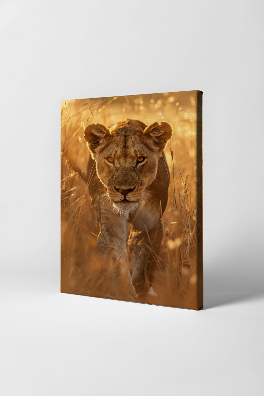 Fotografie Poster Löwin frontal gold Abendlicht