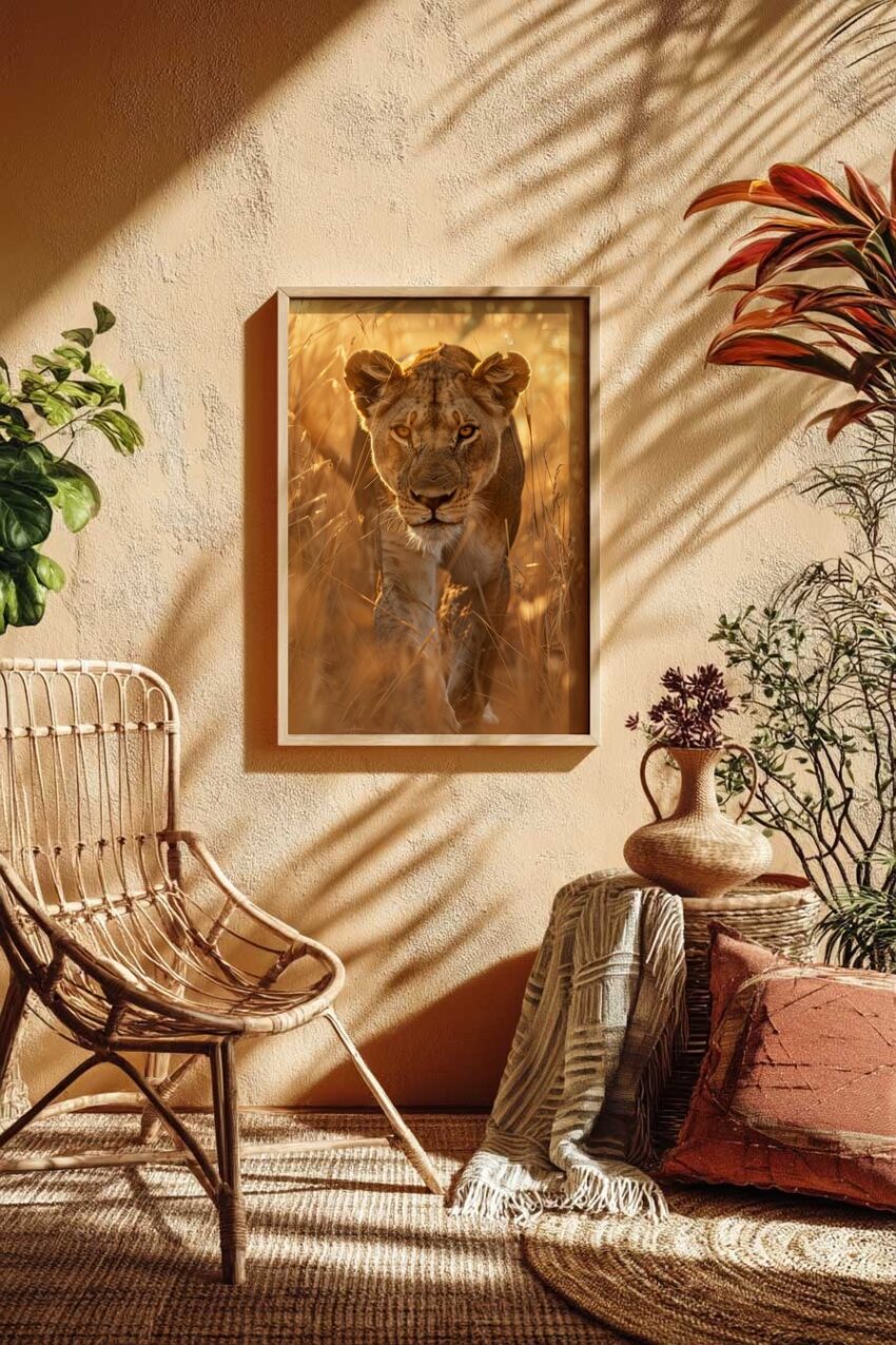 Fotografie Poster Löwin frontal gold Abendlicht