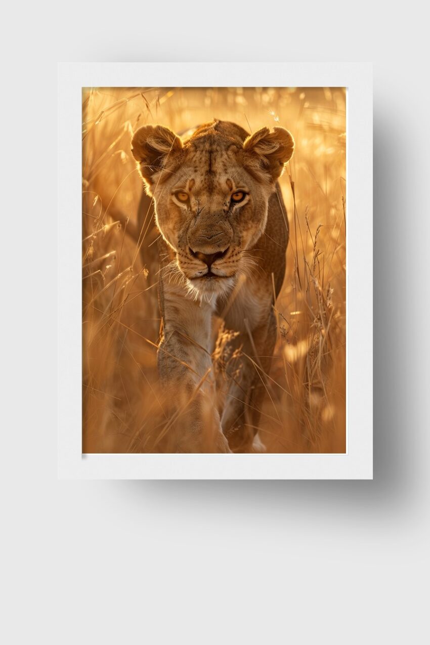 Fotografie Poster Löwin frontal gold Abendlicht