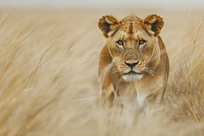 Fotografie Poster Löwin Gras Savanne Braun