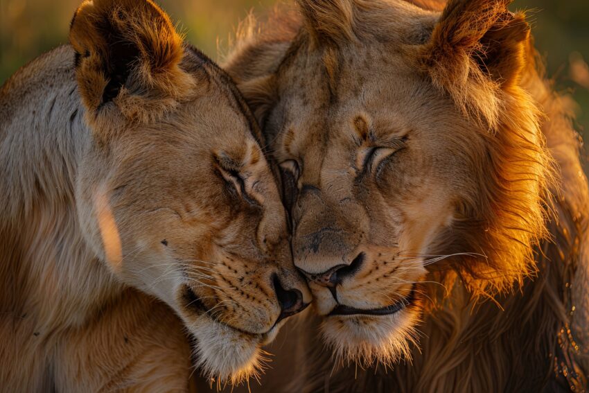Fotografie Poster Löwenpaar warmes Abendlicht Nahaufnahme