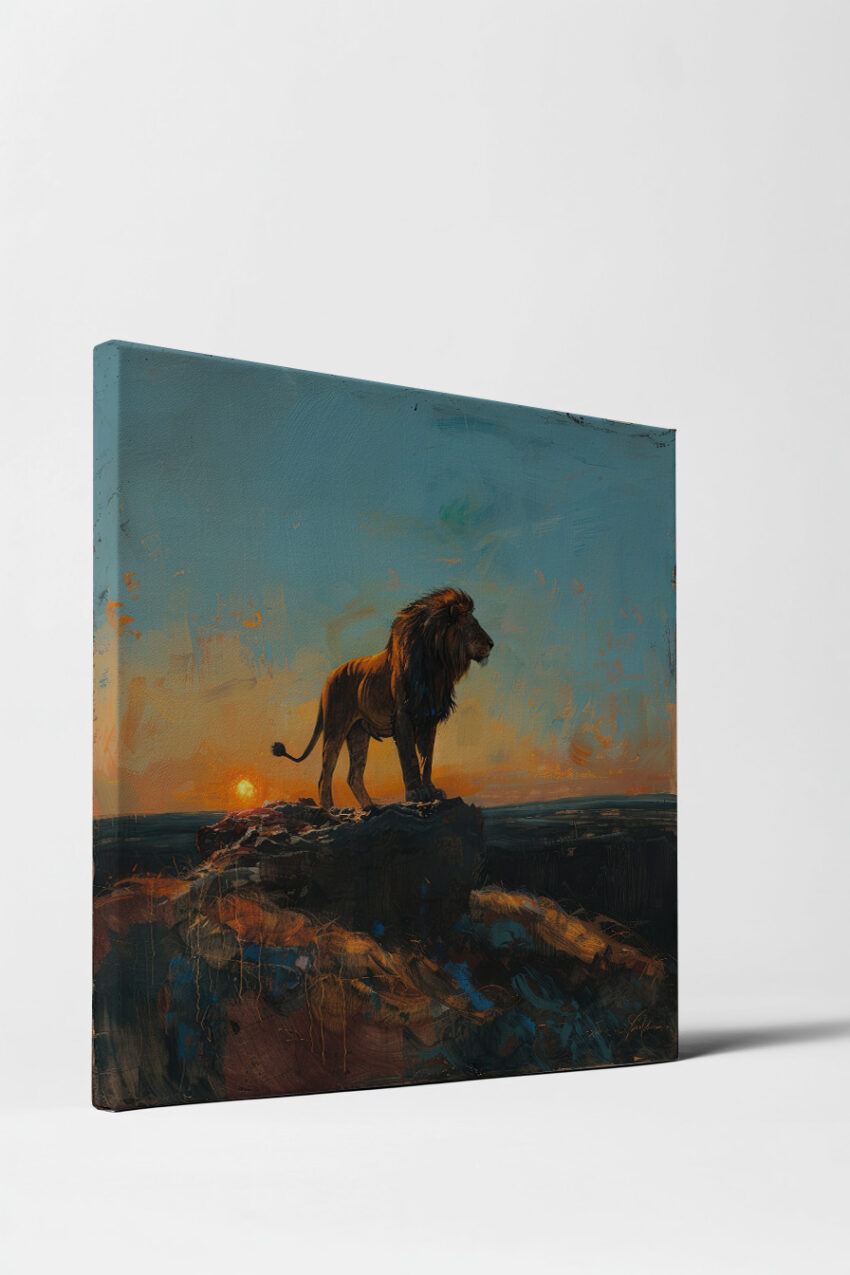 Malerei Poster Löwe Sonnenuntergang warm orange blau