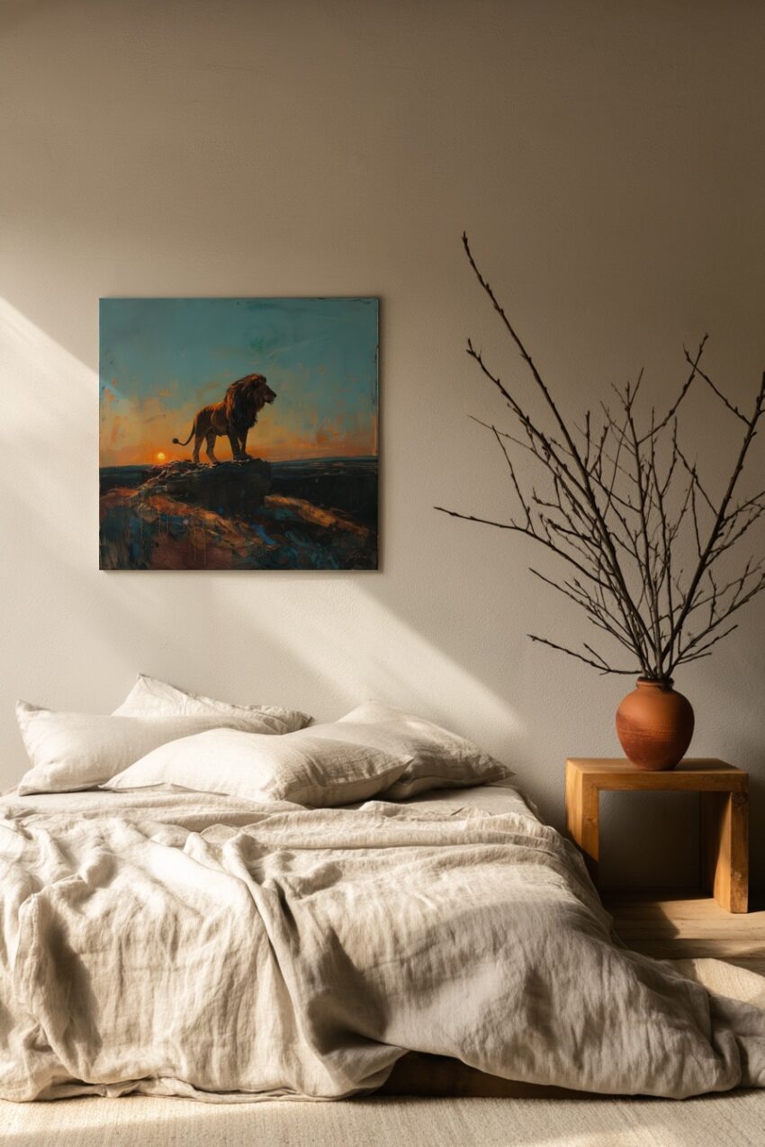 Malerei Poster Löwe Sonnenuntergang warm orange blau