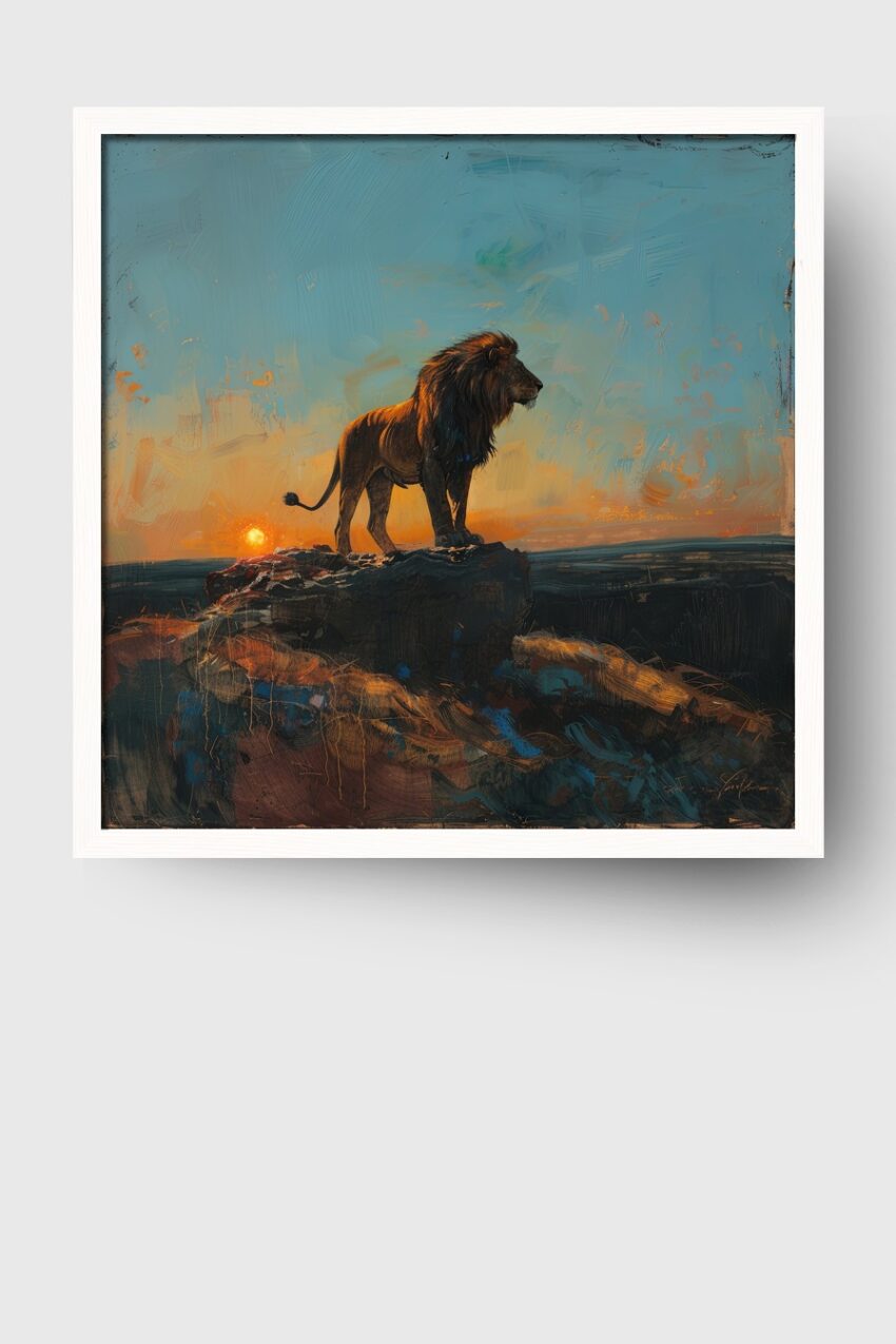 Malerei Poster Löwe Sonnenuntergang warm orange blau