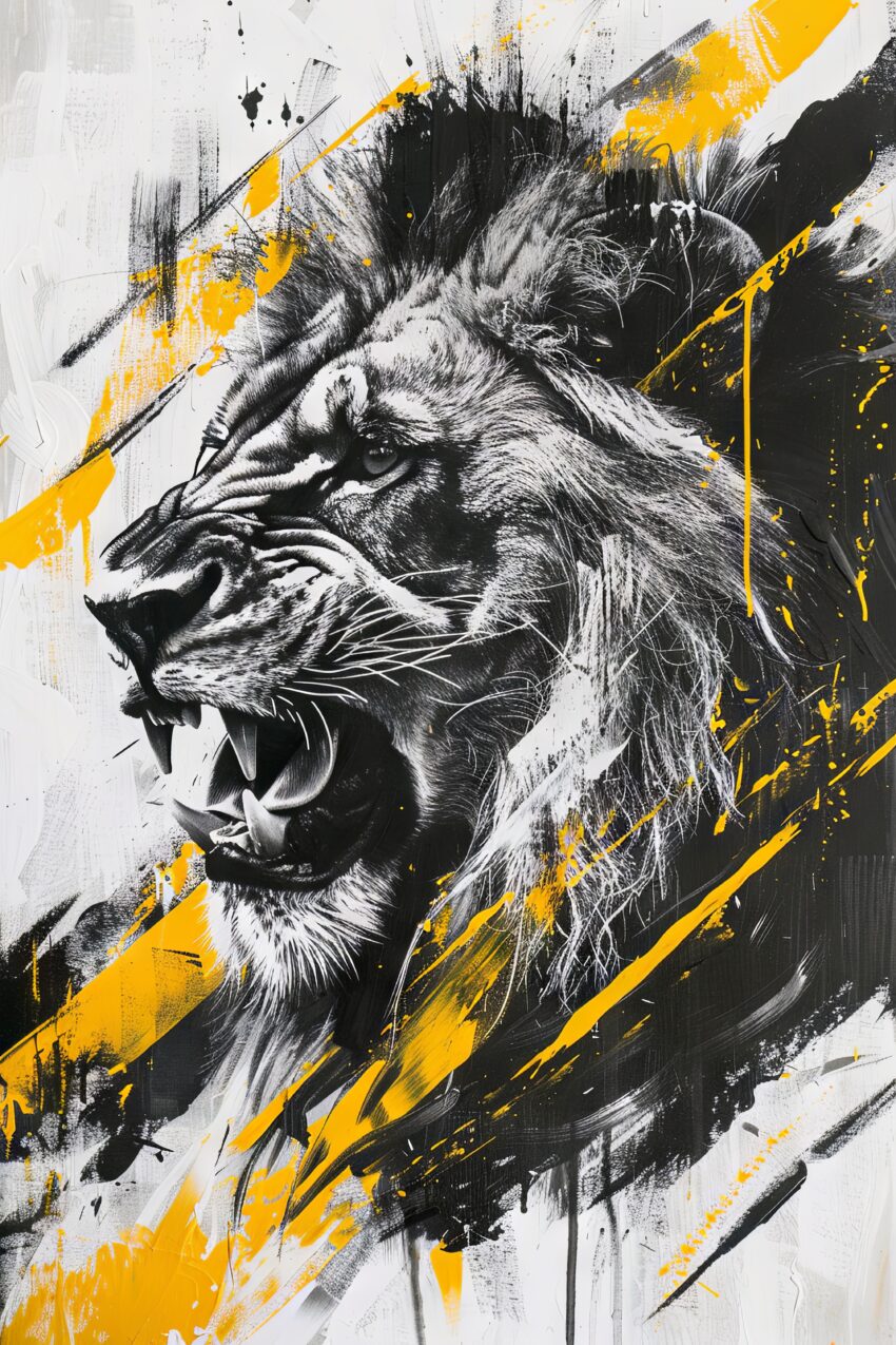 Digitale Kunst Poster Löwenkopf schwarz gelb expressiv