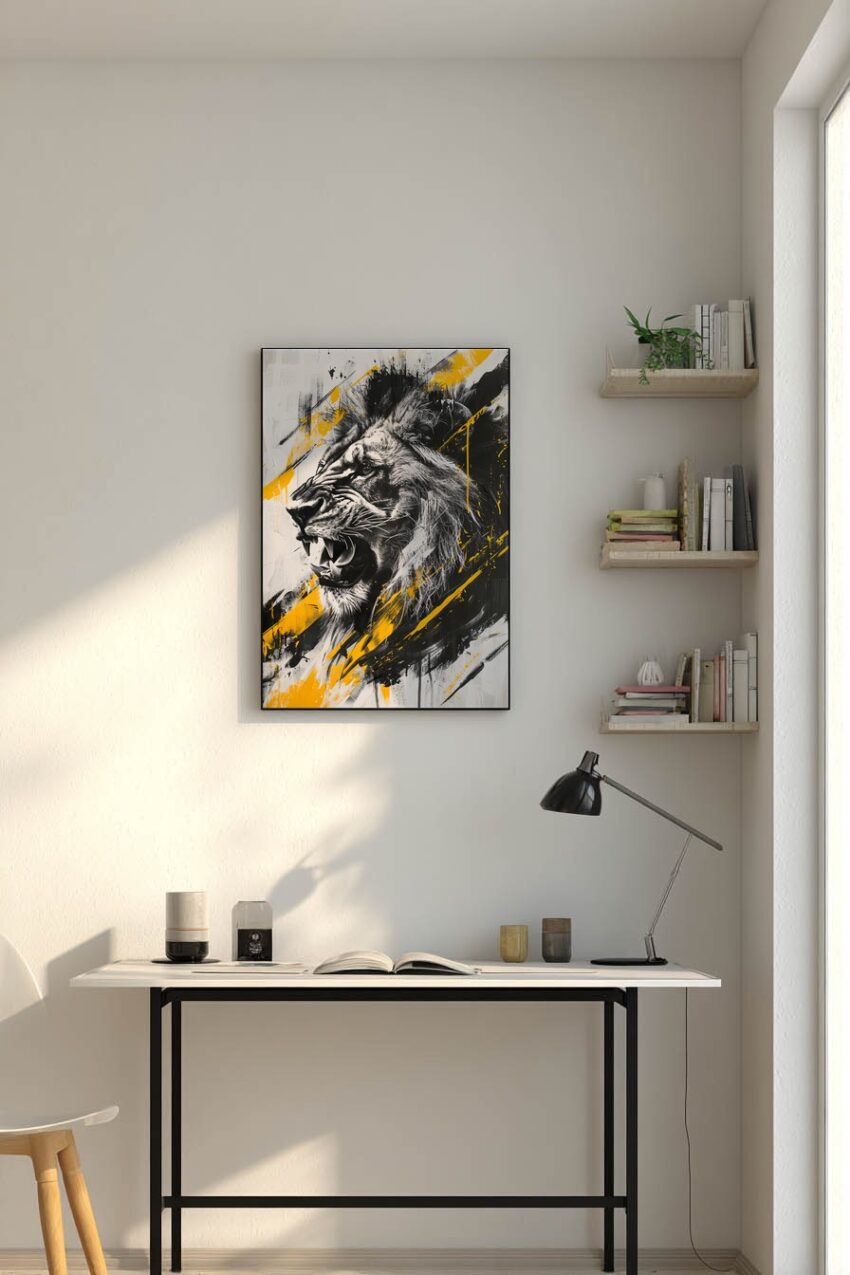 Digitale Kunst Poster Löwenkopf schwarz gelb expressiv