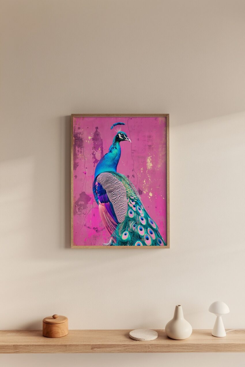 Fotografie Poster Pfau bunt rosa Hintergrund