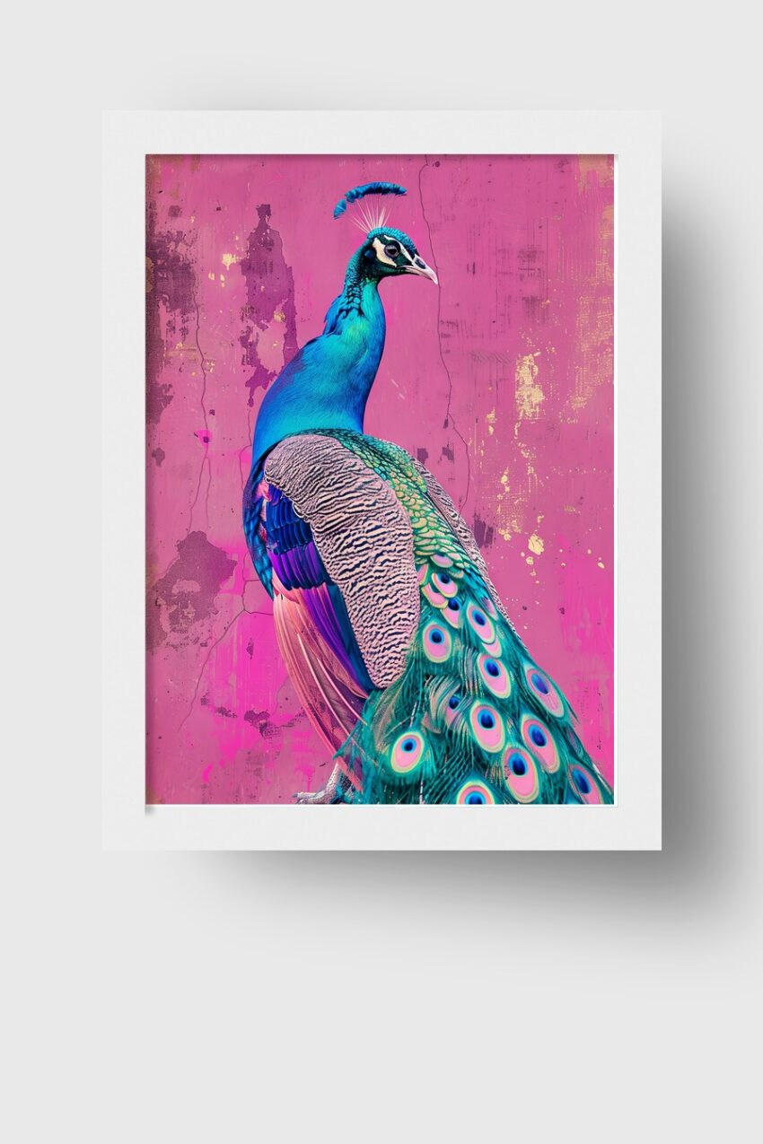 Fotografie Poster Pfau bunt rosa Hintergrund