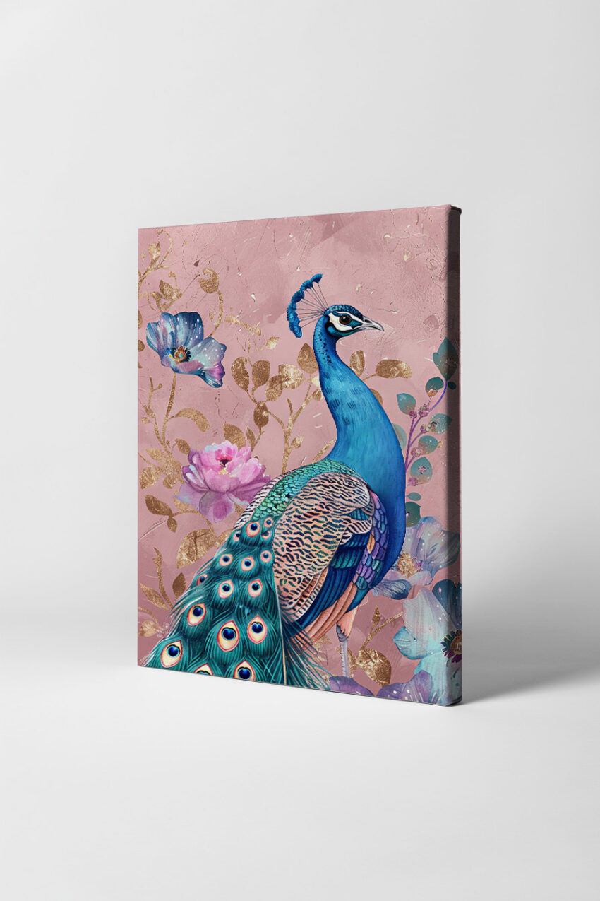 Illustration Poster Pfau blau floral rosa gold
