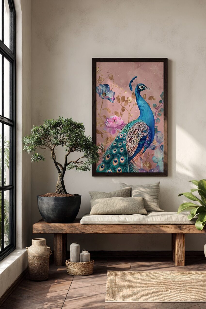 Illustration Poster Pfau blau floral rosa gold