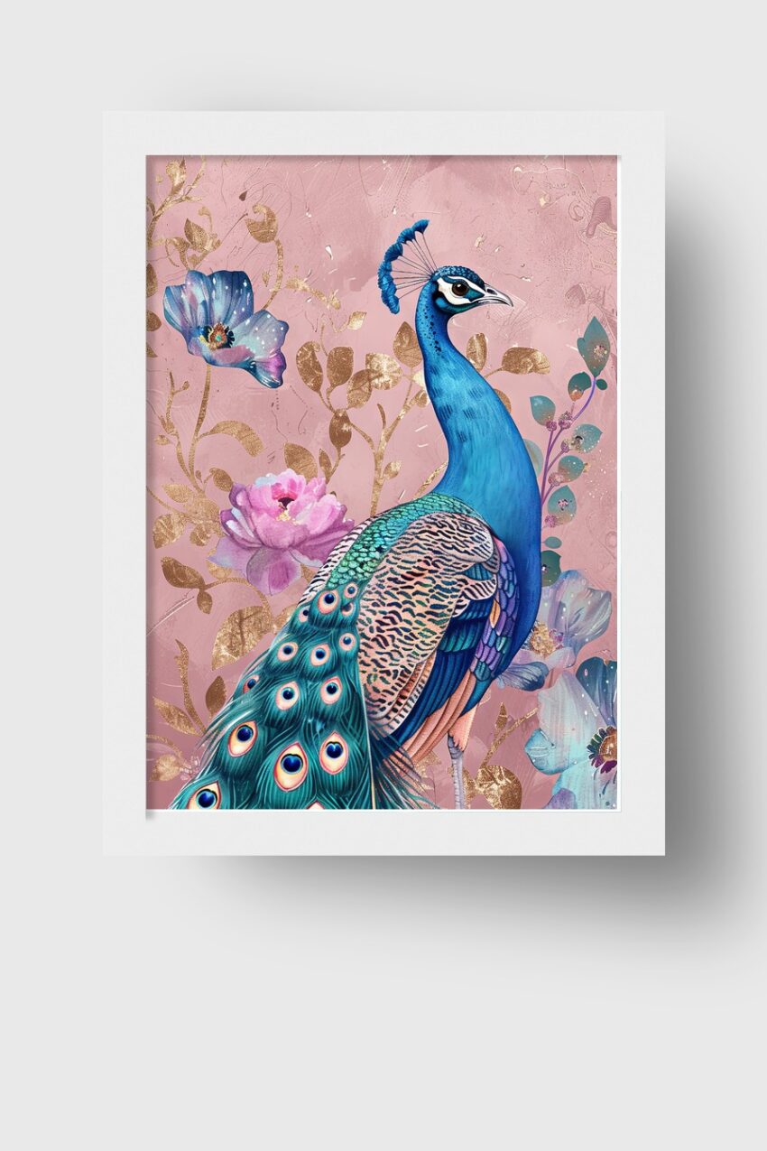 Illustration Poster Pfau blau floral rosa gold