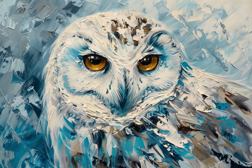 Malerei Poster Schnee-Eule Nahaufnahme weiß blau