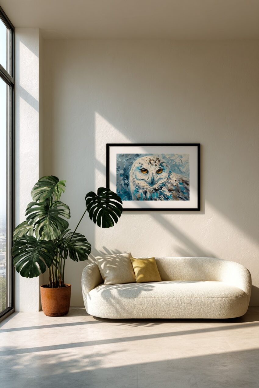 Malerei Poster Schnee-Eule Nahaufnahme weiß blau