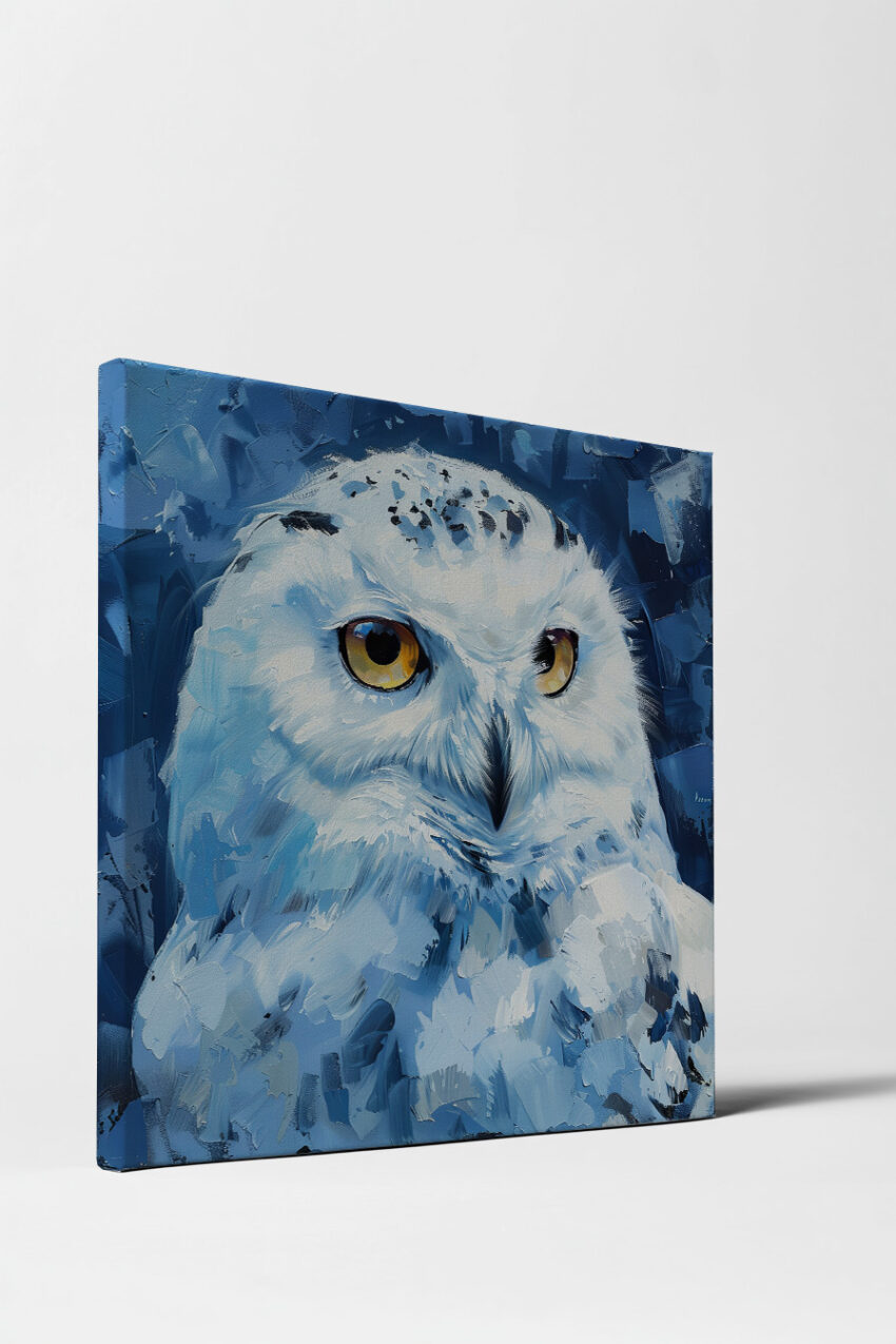 Ölgemälde Poster Eule gelbe Augen blau weiß