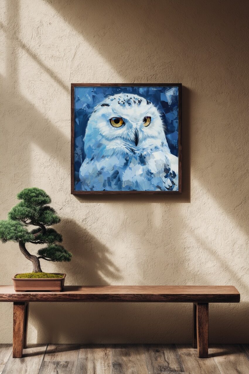 Ölgemälde Poster Eule gelbe Augen blau weiß