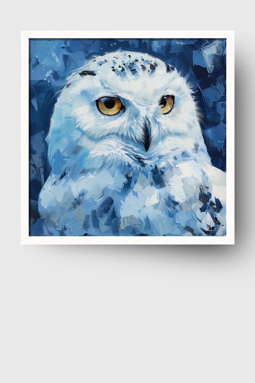Ölgemälde Poster Eule gelbe Augen blau weiß