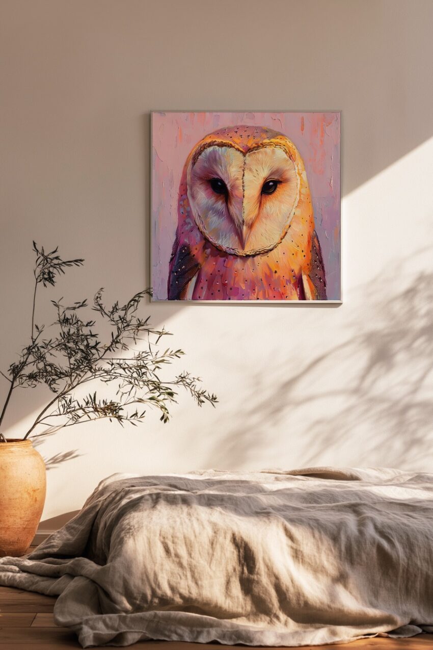 Digitale Kunst Poster Schleiereule Porträt farbig orange lila