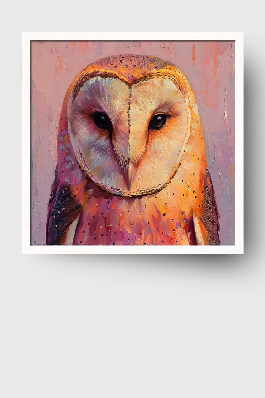 Digitale Kunst Poster Schleiereule Porträt farbig orange lila