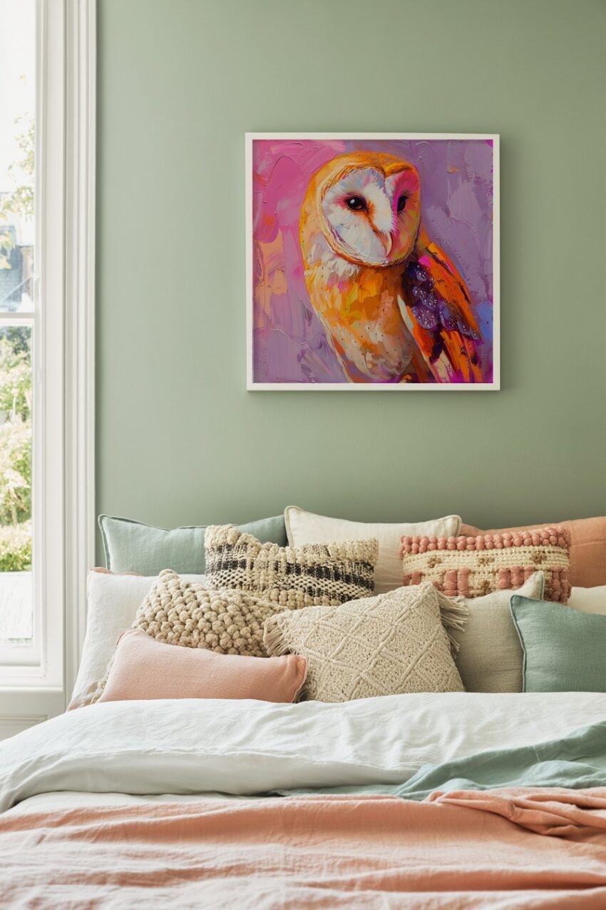 Digitale Kunst Poster Schleiereule farbig orange violett