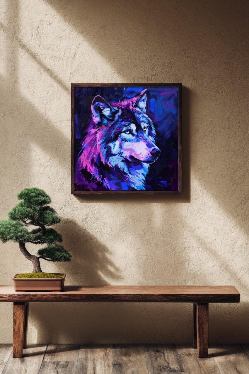 Digitale Kunst Poster Wolf bunt blau pink leuchtend