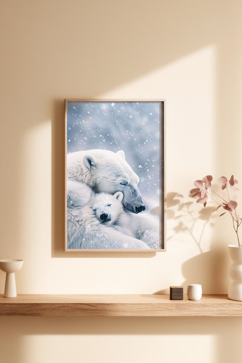 Fotografie Poster Eisbären Mutter Kind Schnee weiß