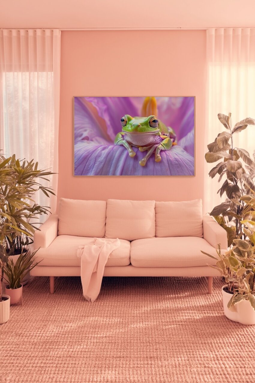 Fotografie Poster Frosch grün rosa Nahaufnahme